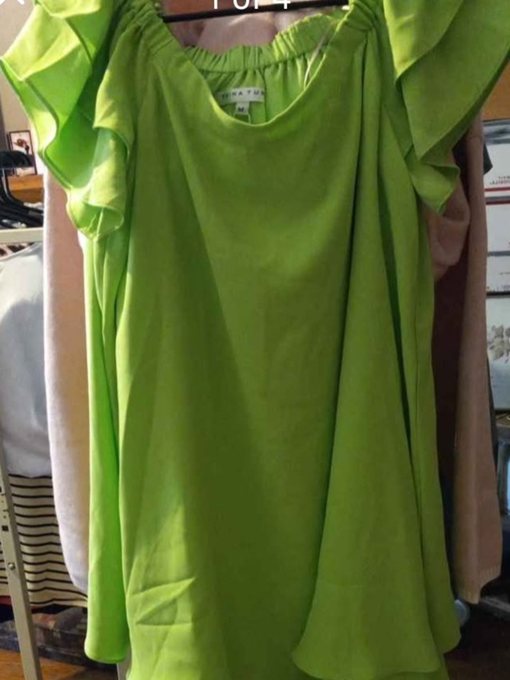 Trina Turk Lime Green Ruffle Sleeve/ Bare Shoulders Dress